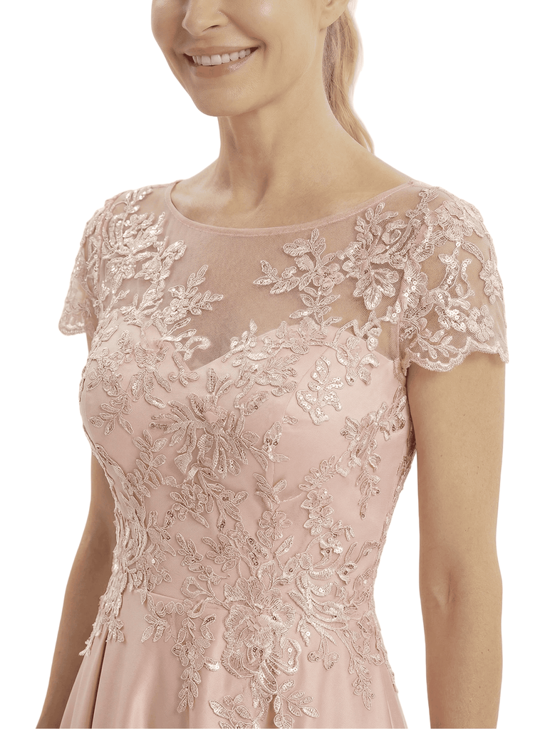 Chicsew Elegant Mother of The Bride Dress Scoop Short Sleeve Lace Satin High-Low A-Line Gown