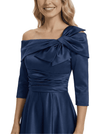 Mother of The Groom Gown Off Shoulder Long Sleeve Bow Satin Tea-Length A-Line Dress Trendy Wedding Guest Attire