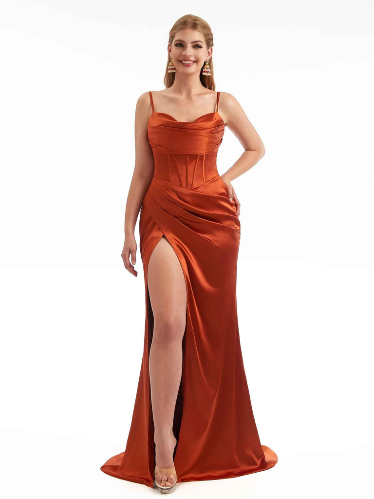 Women Side Split Long Satin Unique Formal Bridesmaid Dresses Online