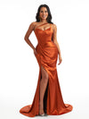 Sexy One Shoulder Mermaid Soft Satin Boning Side Slit Unique Long Bridesmaid Dresses