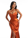 Sexy One Shoulder Mermaid Soft Satin Boning Side Slit Unique Long Bridesmaid Dresses