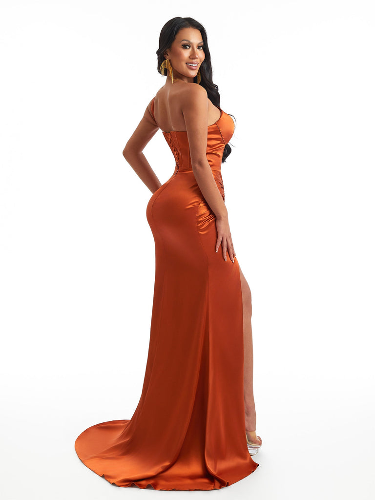 Sexy One Shoulder Mermaid Soft Satin Boning Side Slit Unique Long Bridesmaid Dresses