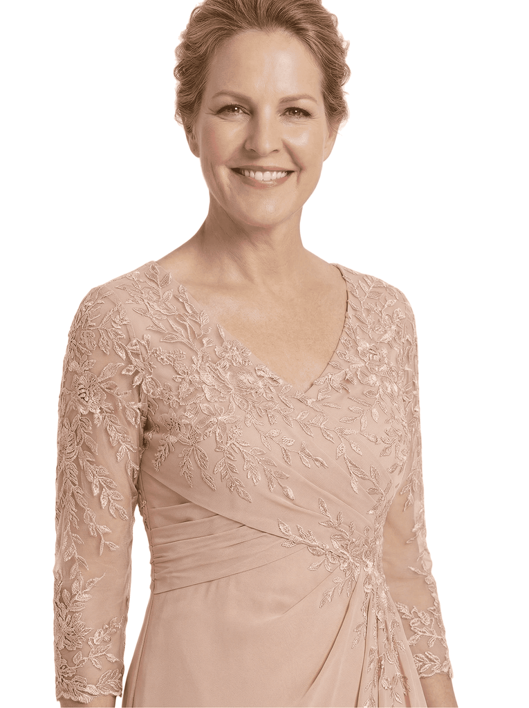 Chicsew Classy Mother of The Bride Dress V-Neck Lace 3/4 Sleeve Floor Length Chiffon Ruched Beautiful Formal Gown