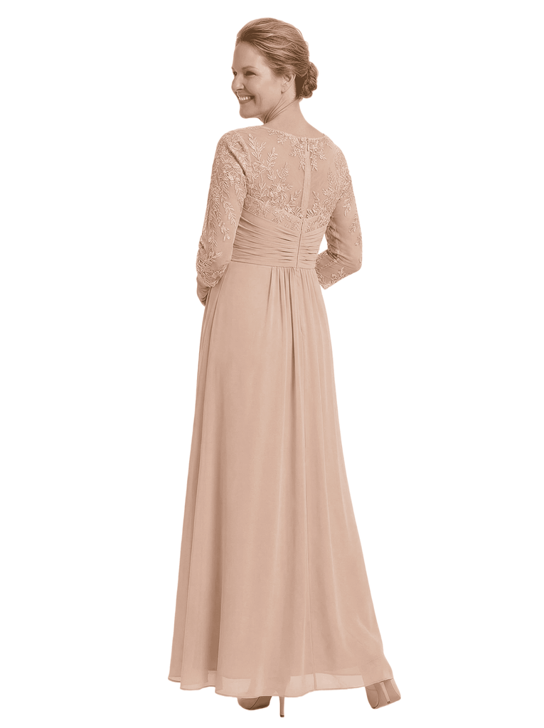 Chicsew Classy Mother of The Bride Dress V-Neck Lace 3/4 Sleeve Floor Length Chiffon Ruched Beautiful Formal Gown