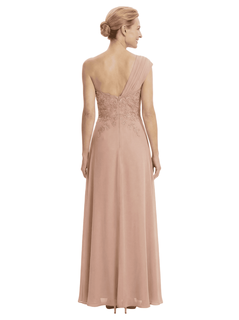 Mother of The Groom Dress One Shoulder Lace Beaded Chiffon Floor-Length Gown with Slit