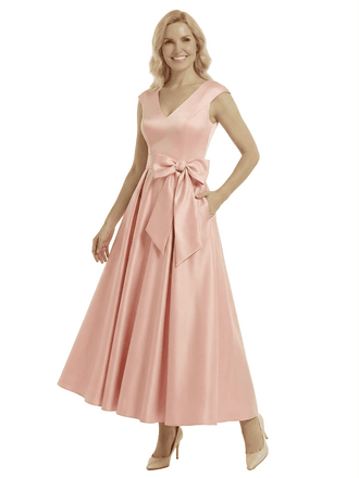 Pretty V-Neck Satin Bow Detail  A-Line Mother Of The Groom Dress With Pocket