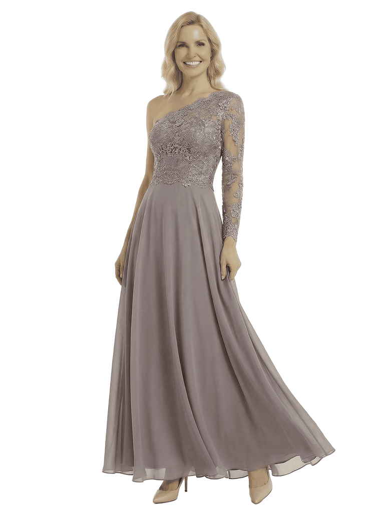Chicsew Stunning One Shoulder Lace Sleeve A-Line Chiffon Mother Of The Bride Gowns