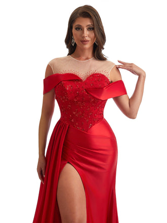 Sexy Off The Shoulder Illusion Side Slit Mermaid Satin Ruched Unique Long Bridesmaid Dresses