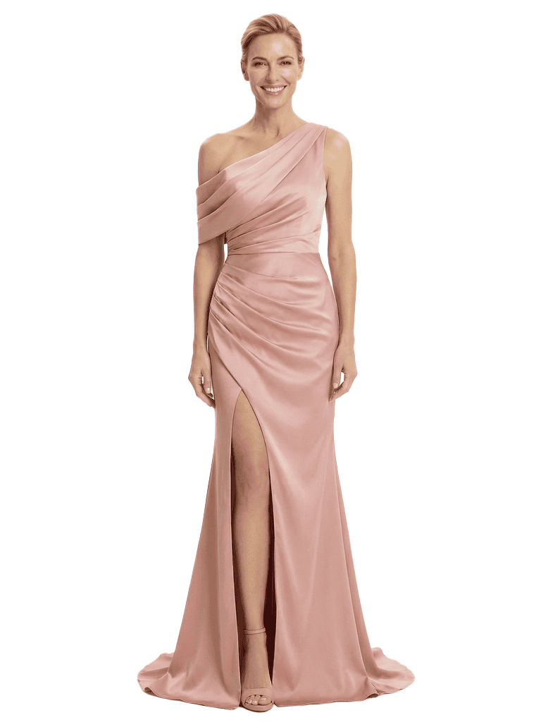 Modern Asymmetrical Mother Of The Groom Gown Satin Ruched Evening Dress With Side Slit