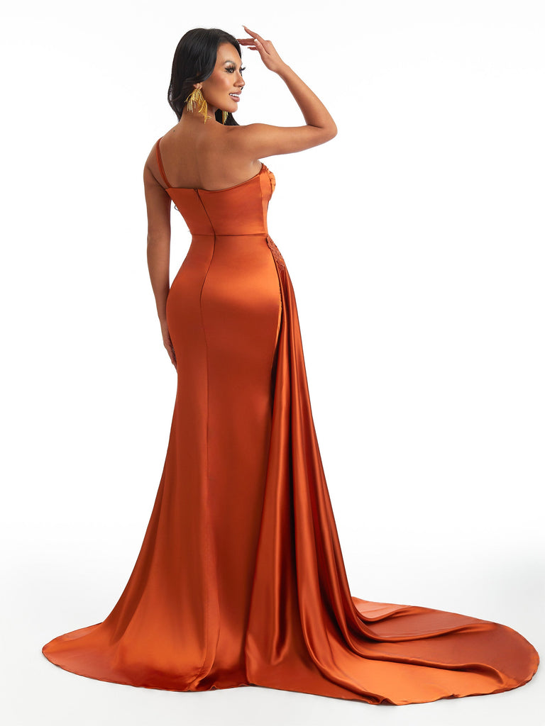 Sexy One Shoulder Side Slit Boning Mermaid Soft Satin Long Bridesmaid Dresses Online