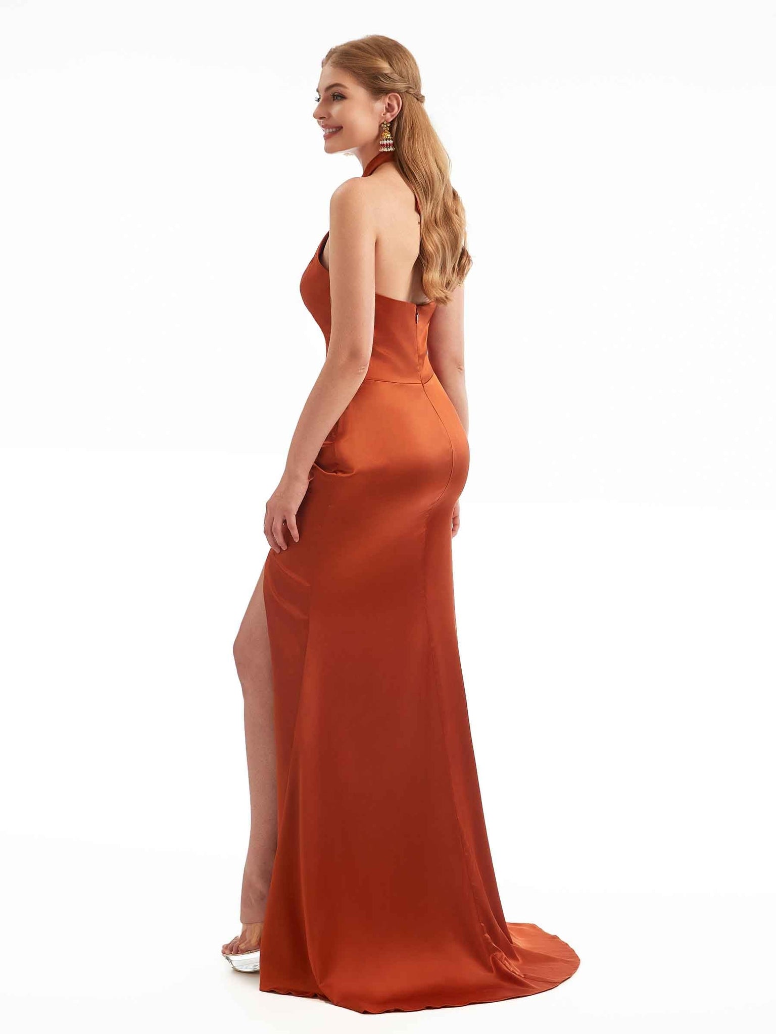 Silky Satin Halter Mermaid Women Gown For Bridesmaid Sexy Side Split