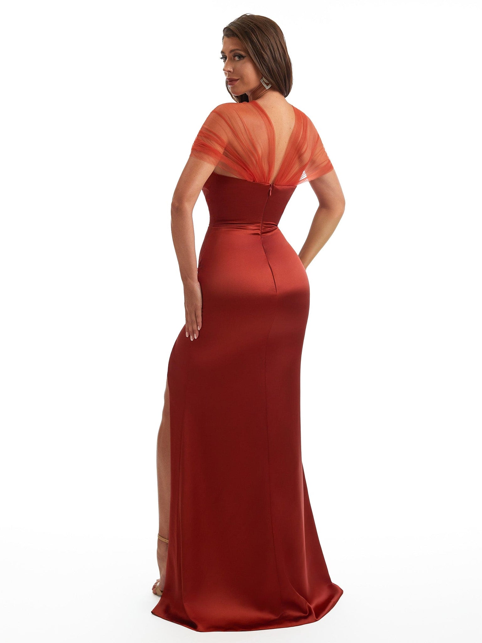 Sexy Cap Sleeves V-Neck Side Slit Mermaid Beauty Satin Long Bridesmaid Dresses Online