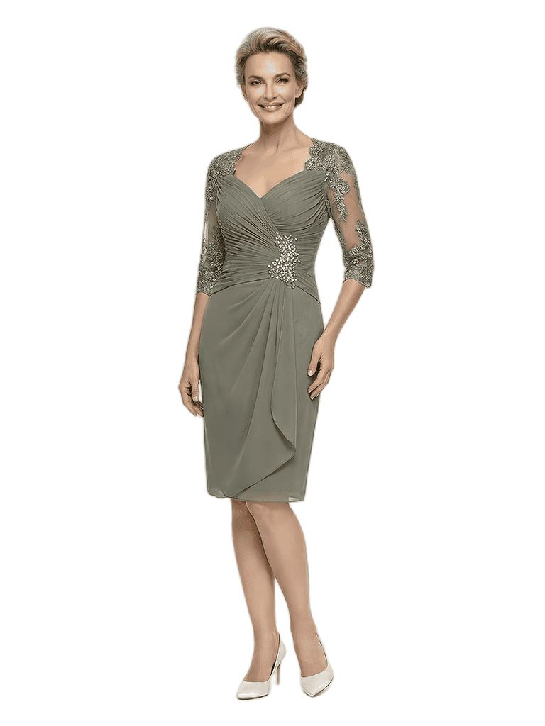 Unique V-Neck Chiffon Ruched Lace Half Sleeves Sheath Knee-Length Mother Of The Bride Dress