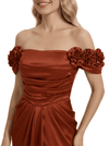 Fancy Floral Off The Shoulder Side Slit Silky Satin Ruched Evening Gown For Mother Of The Bride