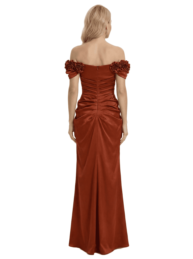 Fancy Floral Off The Shoulder Side Slit Silky Satin Ruched Evening Gown For Mother Of The Bride