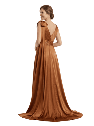 Beautiful V-Neck Ruched Bow Knot Silky Satin A-Line Mother Of The Groom Gown