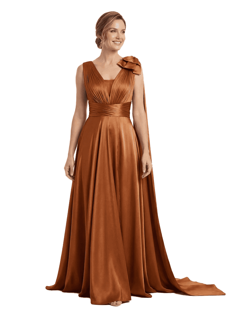 Beautiful V-Neck Ruched Bow Knot Silky Satin A-Line Mother Of The Groom Gown