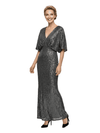 Glamorous V-Neck Sheath Glitter Jersey Mother Of The Bride Gown With Flutter Sleeves