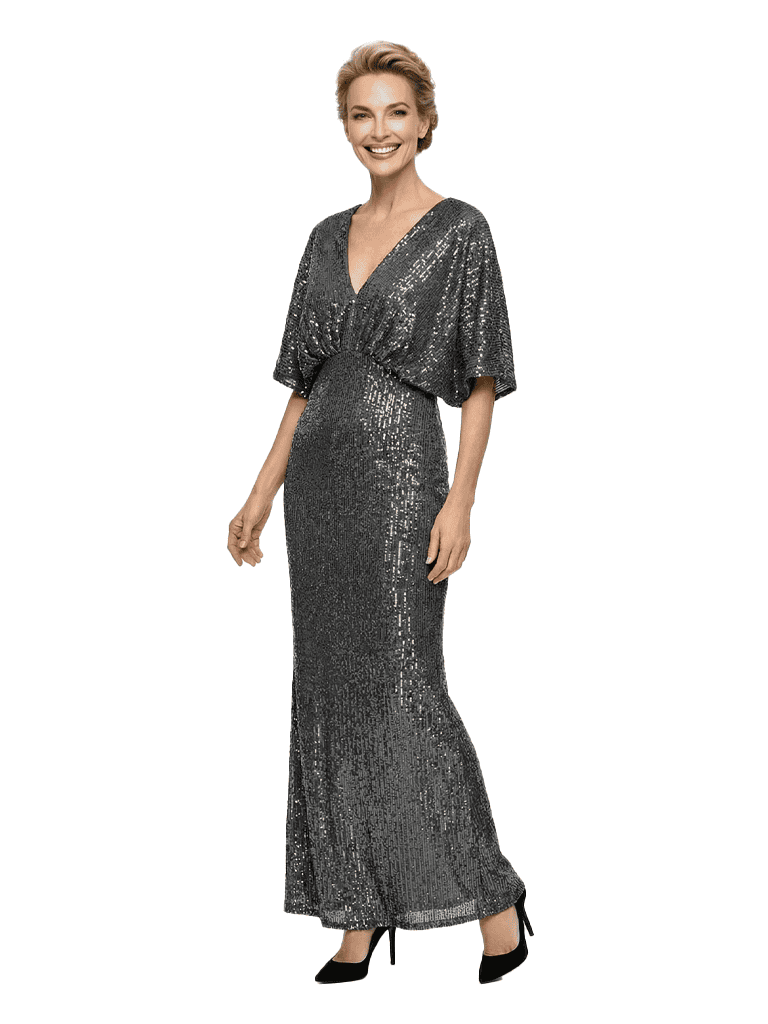 Glamorous V-Neck Sheath Glitter Jersey Mother Of The Bride Gown With Flutter Sleeves