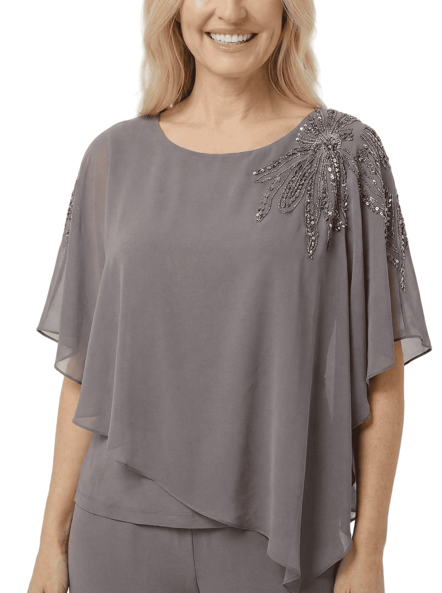 Chic Scoop Chiffon Half Sleeves Beaded Pant Suit For Mother Of The Groom