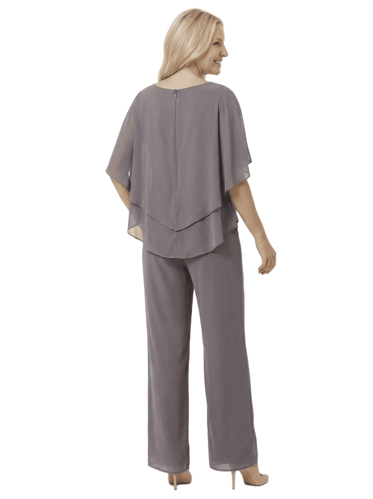 Chic Scoop Chiffon Half Sleeves Beaded Pant Suit For Mother Of The Groom