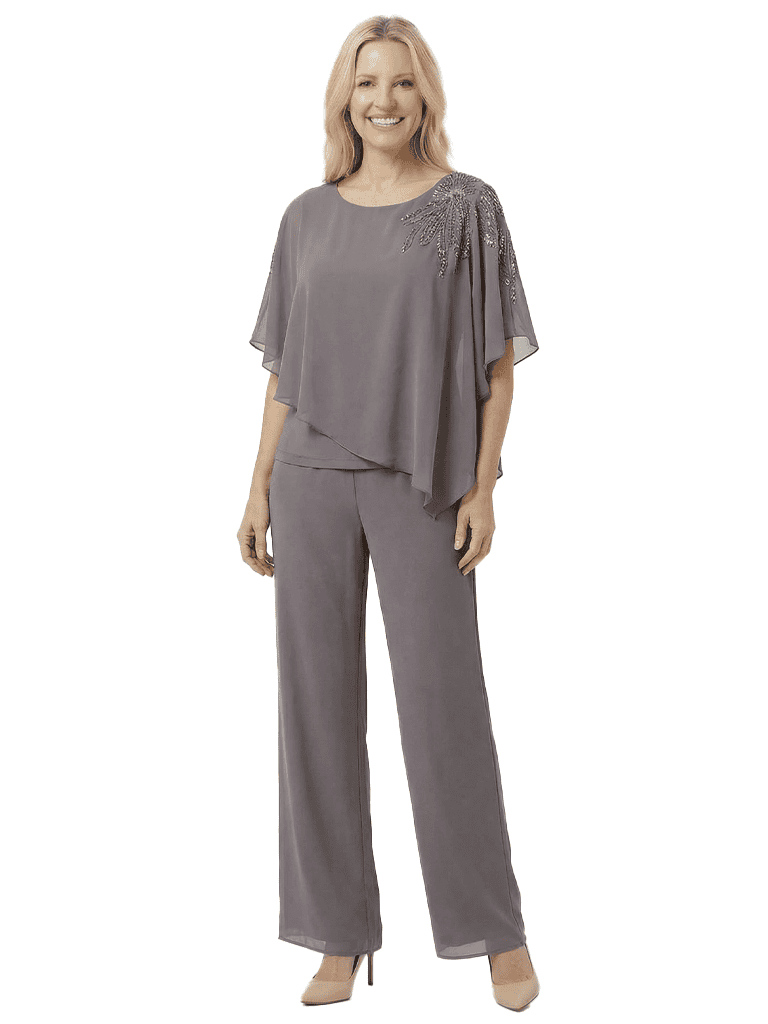 Chic Scoop Chiffon Half Sleeves Beaded Pant Suit For Mother Of The Groom