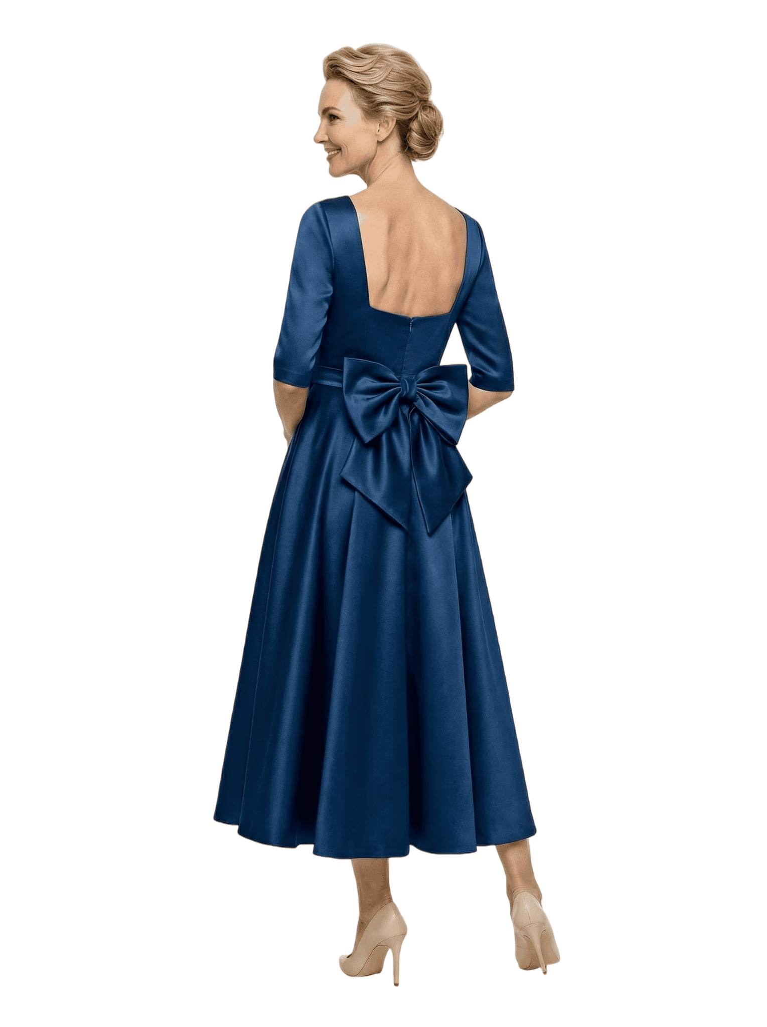 Classy Mother of The Bride Dress Fancy Satin Long Sleeve Fit-and-Flare Tea-Length Wrap Formal Dress