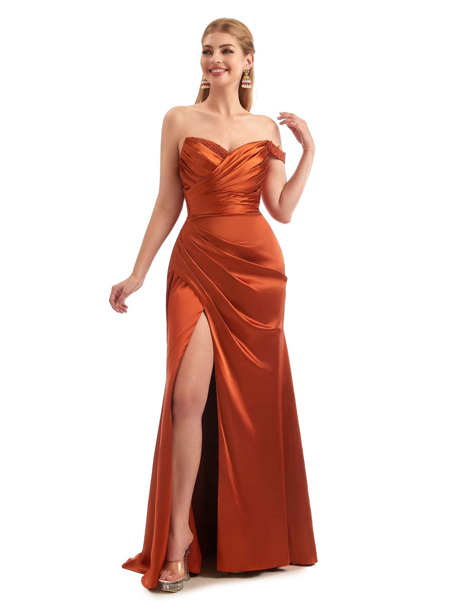 Off The Shoulder Lace Strap Mermaid Satin Unique Long Bridesmaid Dresses UK