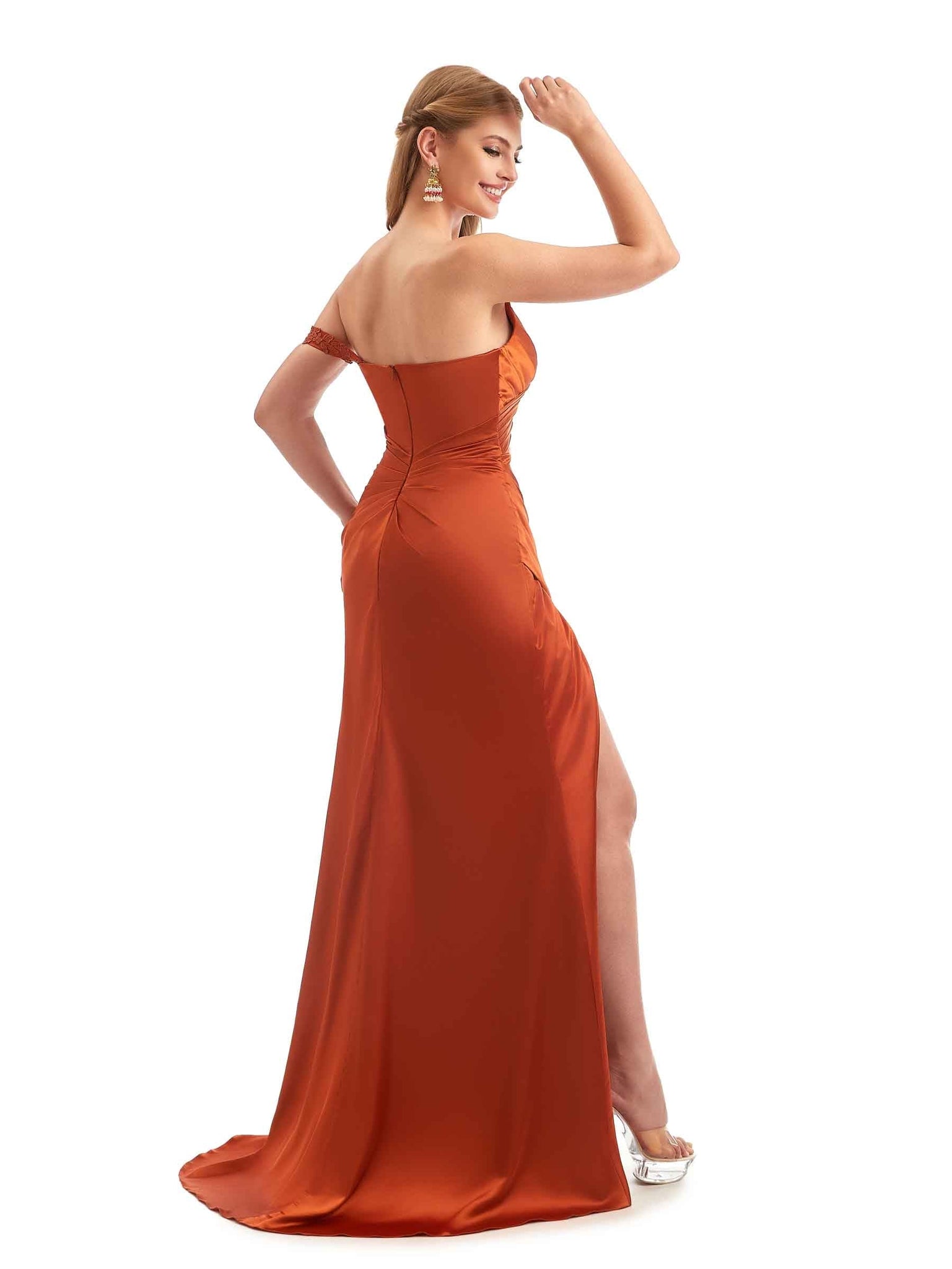 Off The Shoulder Lace Strap Mermaid Satin Unique Long Bridesmaid Dresses UK