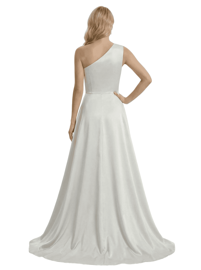 Sexy Mother of The Bride Dress Unique One Shoulder Satin Fitted Long Draped Formal Mermaid Gown