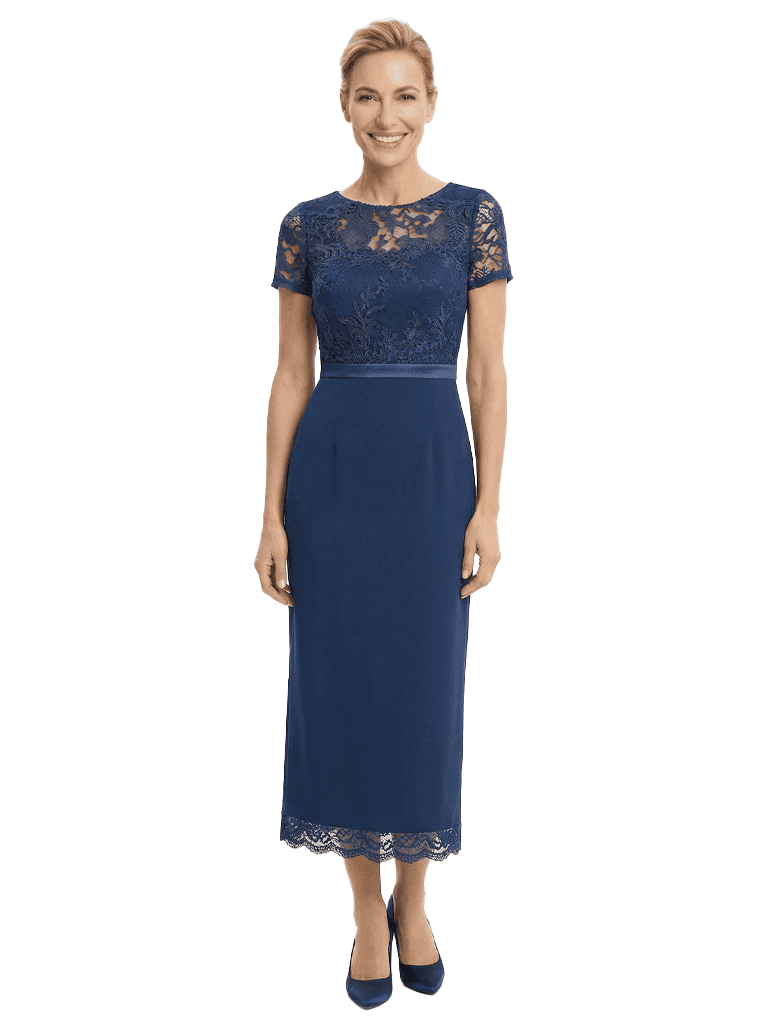 Elegant Boat Neck Short Sleeves Sheath Ankle-Length Mother of The Bride Chiffon Gown