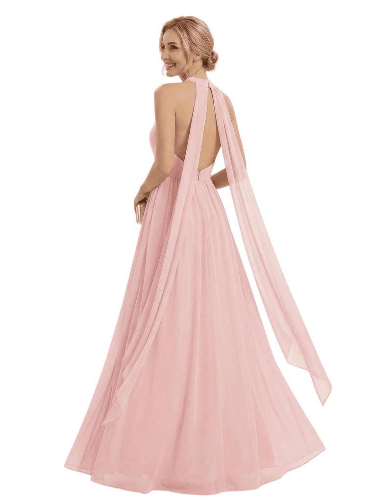 Elegant Mother of The Bride Dress Unique Halter Chiffon Pleated Long A-Line Formal Gown
