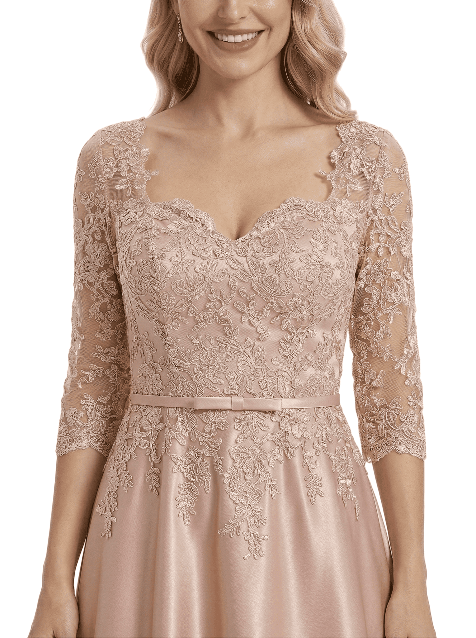 Beautiful Lace 3/4 Sleeve Mother of The Bride Dress Fancy A-Line Satin Maxi Gown with Belted Waist Design