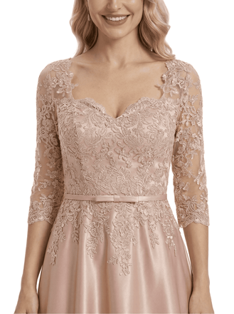 Beautiful Lace 3/4 Sleeve Mother of The Bride Dress Fancy A-Line Satin Maxi Gown with Belted Waist Design