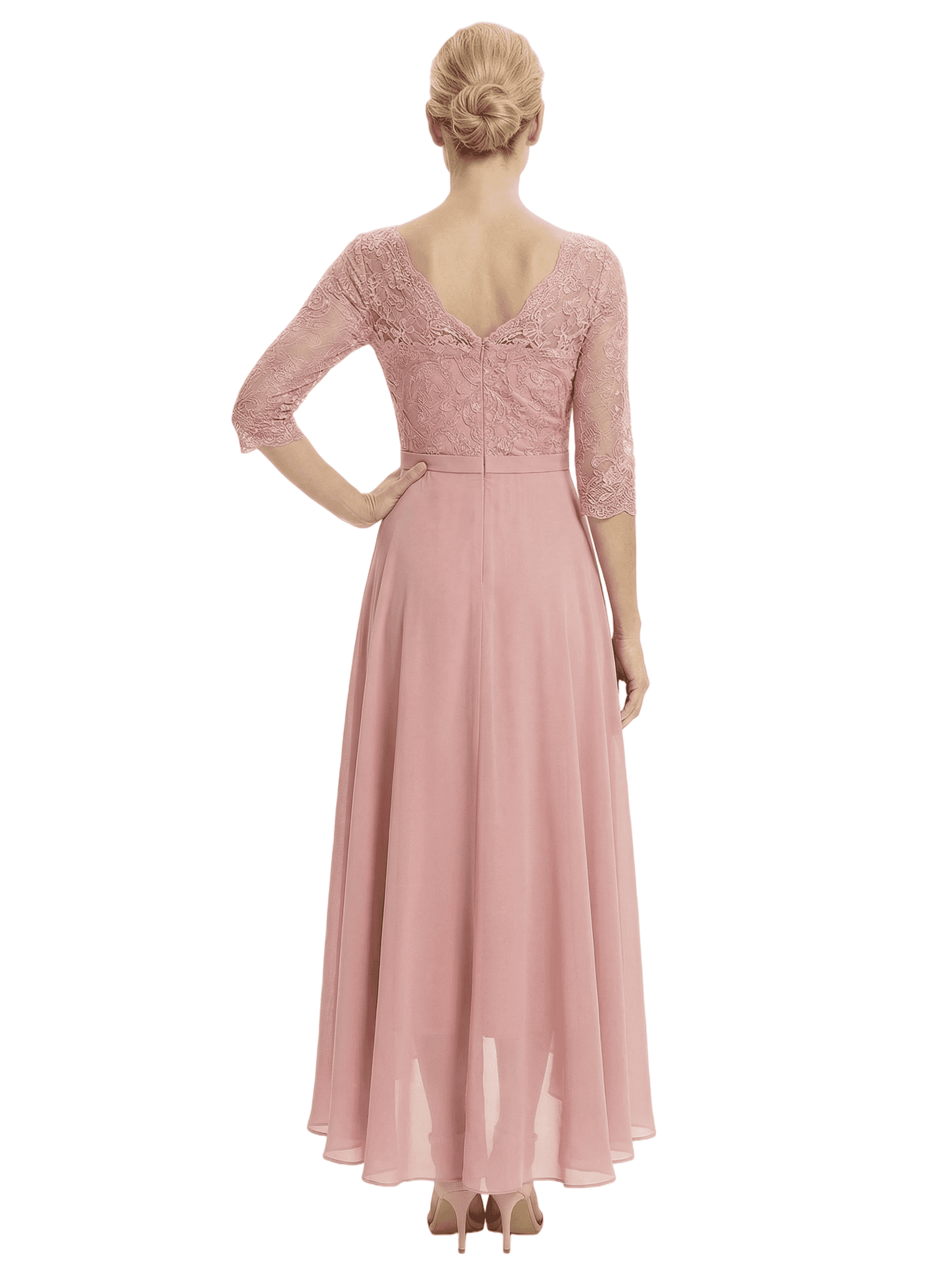 Elegant Lace 3/4 Sleeve Mother of The Groom Dress Pretty High-Low Chiffon Gown with Flowy Silhouette