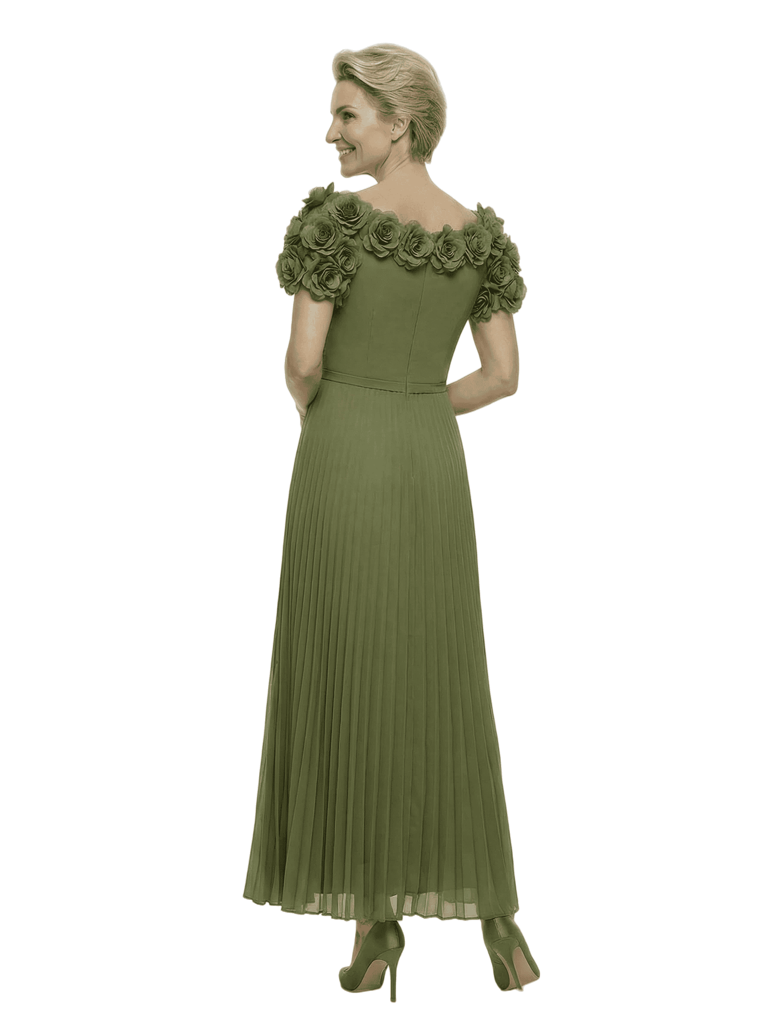 Charming Rose-Accent Short Sleeve Mother of The Groom Dress Classy Pleated Chiffon Maxi Gown with Ruched Bodice