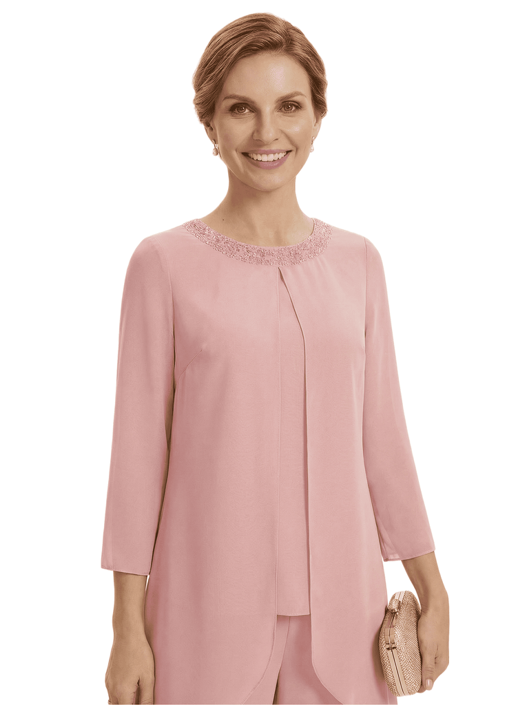Stylish 3/4 Sleeve Mother of The Bride Two-Piece Set Fancy Chiffon Pantsuit with Beaded Neckline Detail