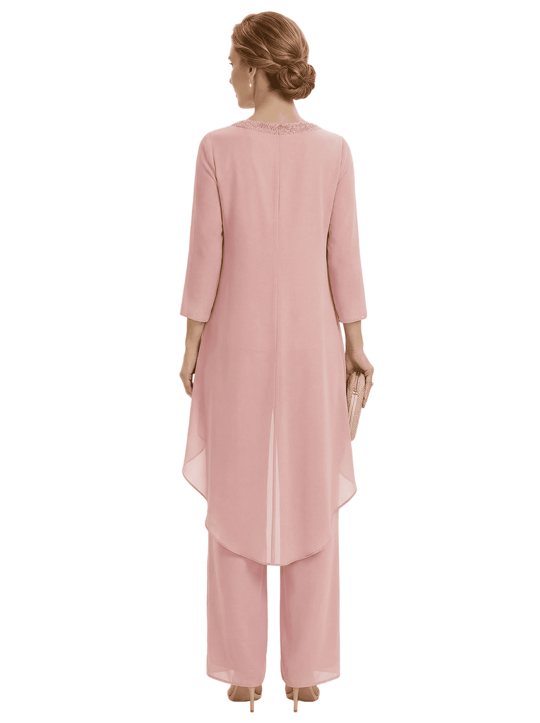 Stylish 3/4 Sleeve Mother of The Bride Two-Piece Set Fancy Chiffon Pantsuit with Beaded Neckline Detail