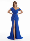 Sexy Side Split Mermaid Asymmetric Neck Stretchy Crepe Long Bridesmaid Dresses