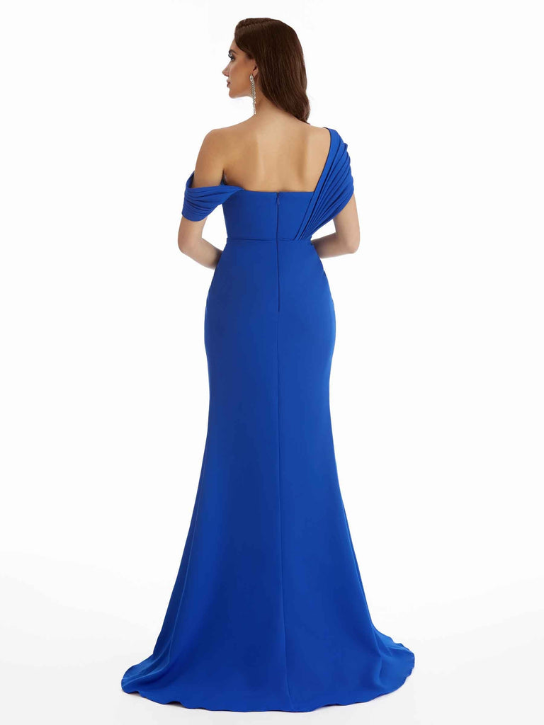 Sexy Side Split Mermaid Asymmetric Neck Stretchy Crepe Long Bridesmaid Dresses