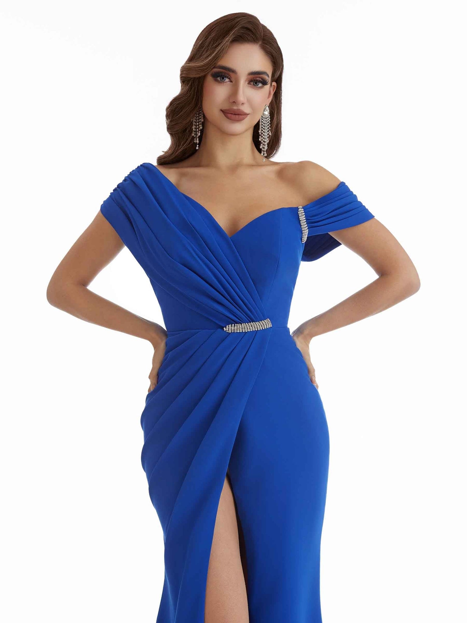 Stretch Crepe Long Bridesmaid Dresses UK Sexy Side Split Mermaid Asymmetric Neck