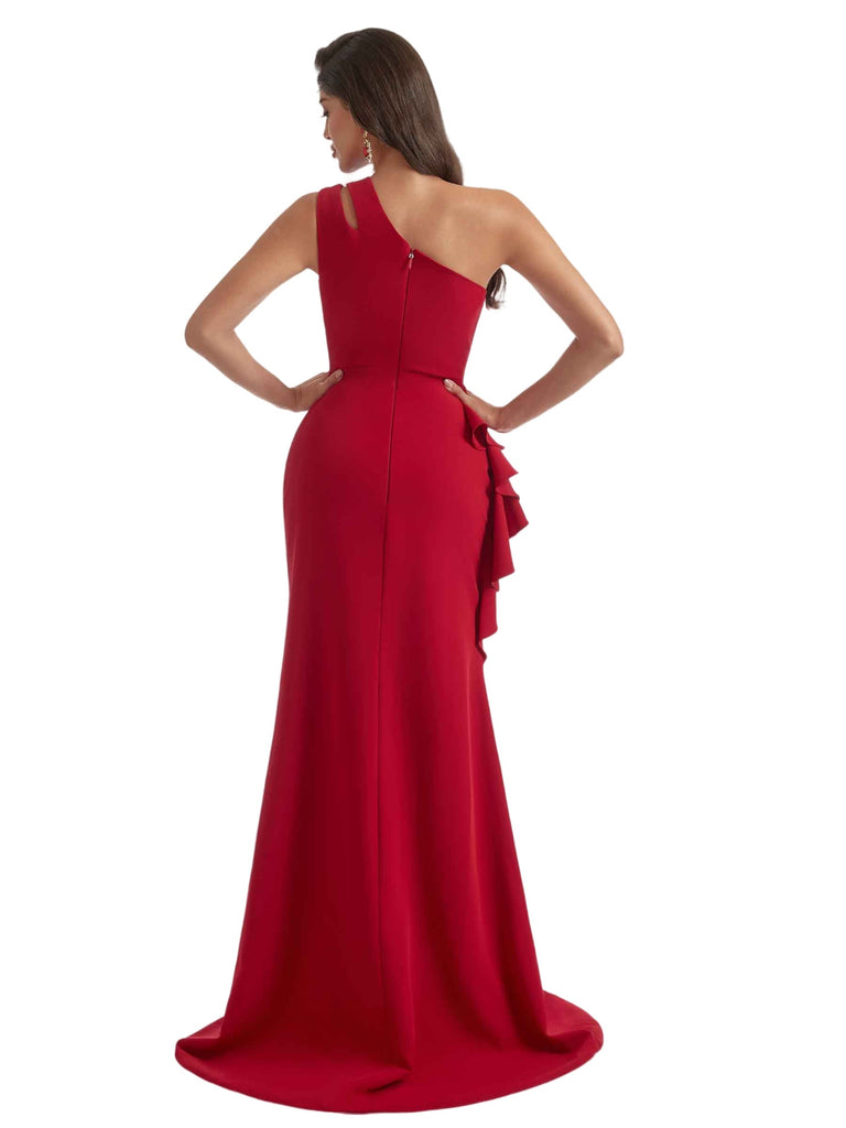 Sexy Mermaid Side Slit One Shoulder Crepe Long Bridesmaid Dress For Wedding