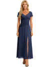 Elegant Chiffon V-Neck Short Sleeves Side Slit A-Line Midi Mother Of The Bride Dresses