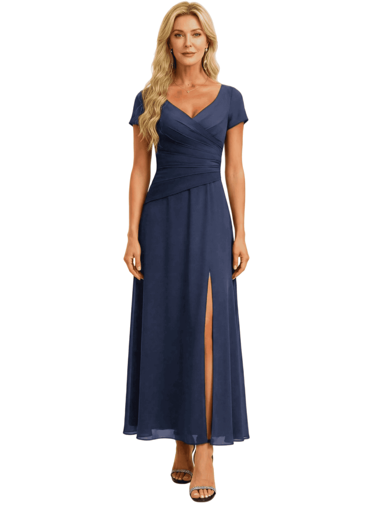 Elegant Chiffon V-Neck Short Sleeves Side Slit A-Line Midi Mother Of The Bride Dresses