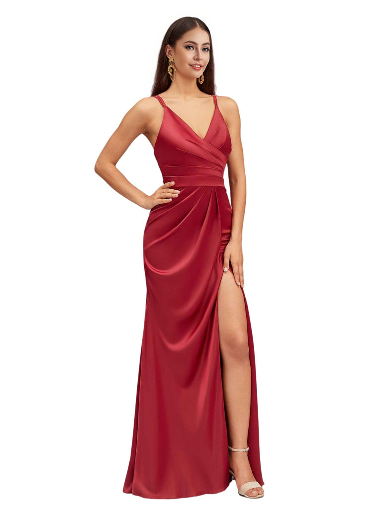 Sexy V-Neck Spaghetti Straps Side Slit Open Back Mermaid Soft Satin Long Bridesmaid Dresses