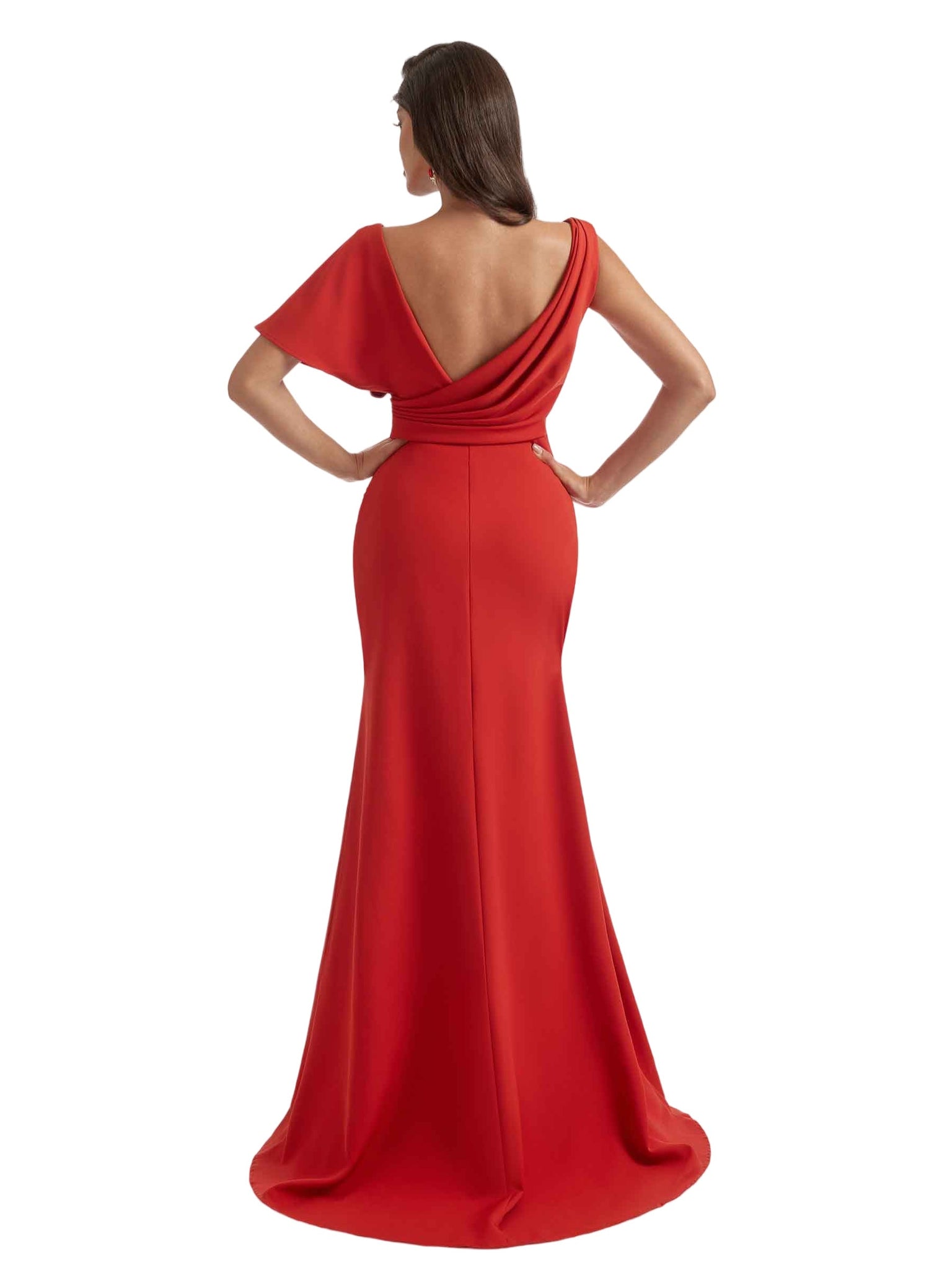 Sexy Asymmetric V-Neck Mermaid Side Slit Crepe Long Bridesmaid Dress For Wedding