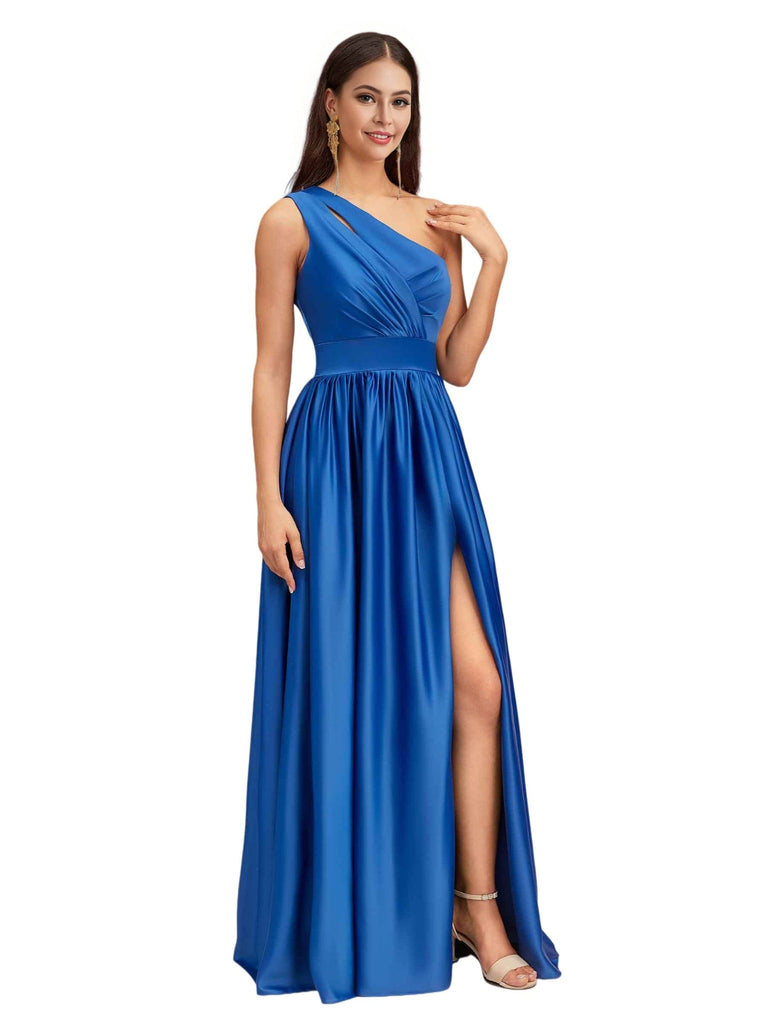 Elegant One Shoulder A-Line Side Slit Soft Satin Pretty Long Bridesmaid Dresses