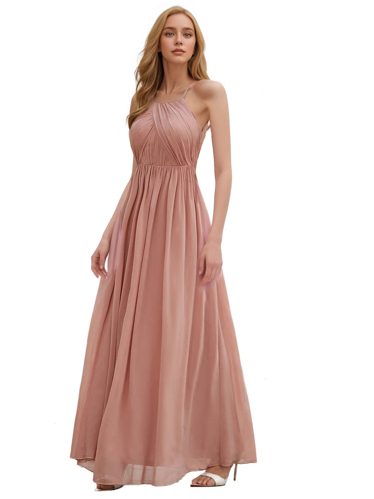 Elegant Chiffon Halter A-line Floor-Length Bridesmaid Dresses