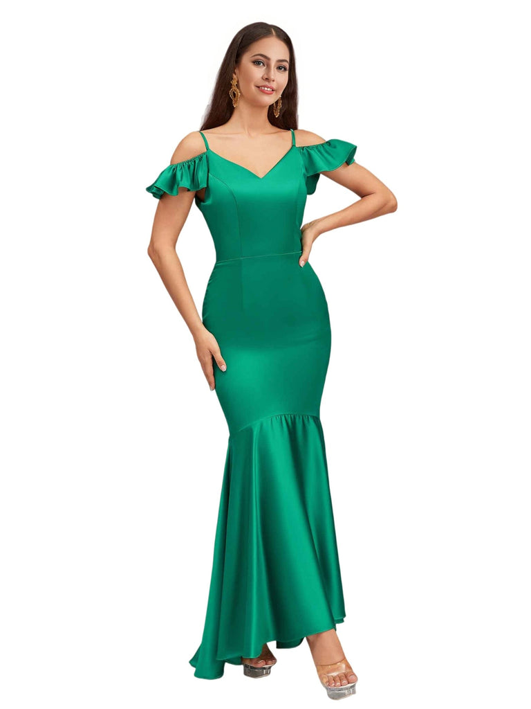Sexy Mermaid Cold Shoulder Soft Satin Beauty Long Bridesmaid Dresses