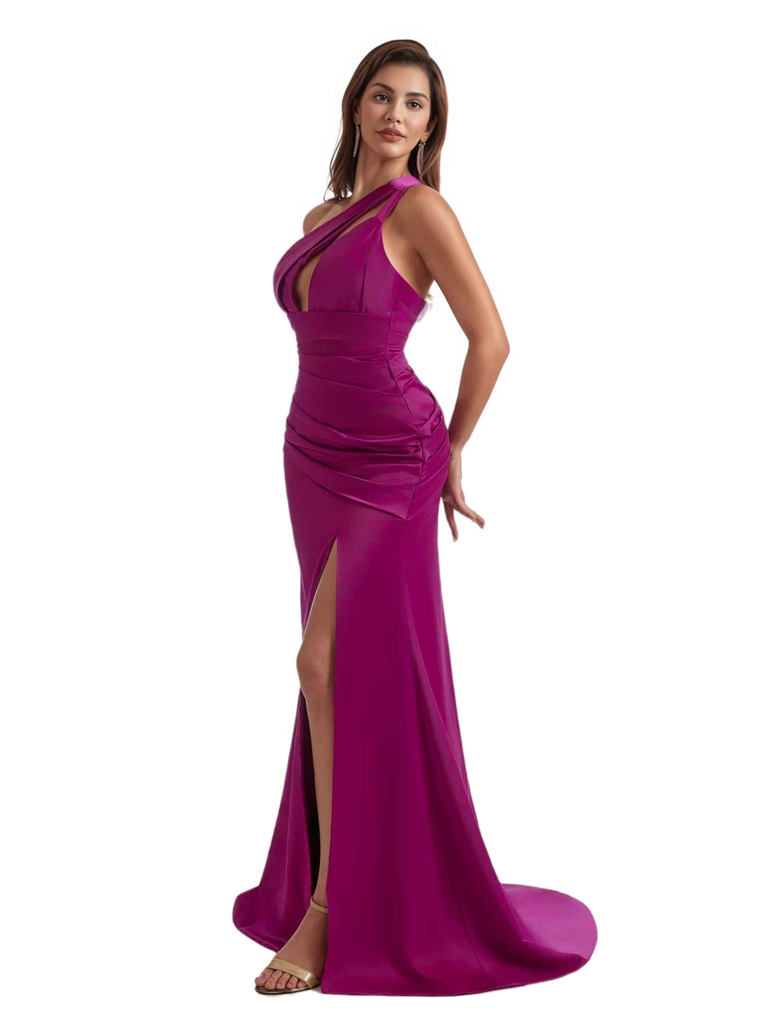 Gorgeous One Shoulder Mermaid Pleated Soft Satin Side Slit Long Bridesmaid Dresses